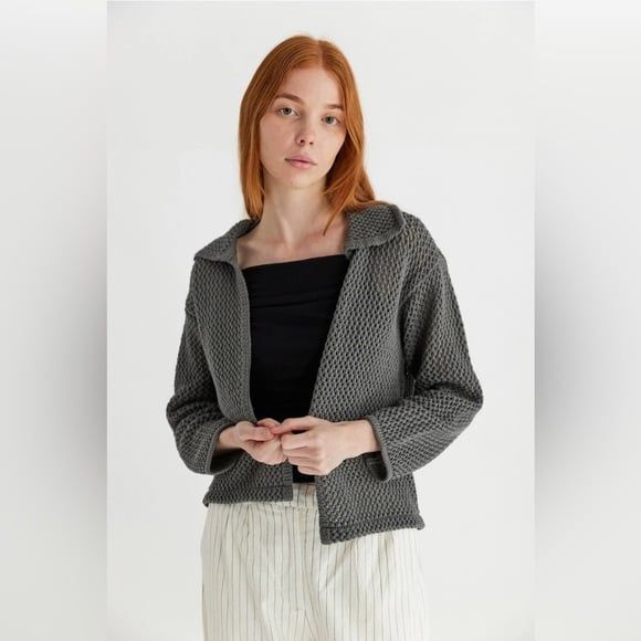 Knit Collared Open Cardigan - Picture 1 of 12